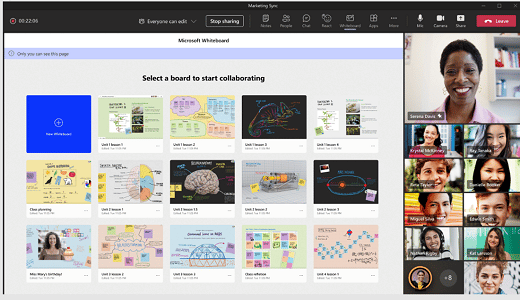 A screenshot of a Microsoft Teams meeting in progress. The faces are on the right, most of the screen is displaying the Whiteboard home screen