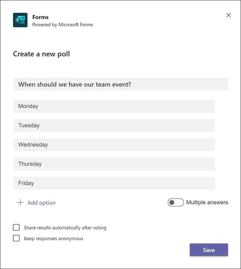 A screenshot of the Forms (polls) setup in Microsoft Teams, showing how to create a question and answer poll.