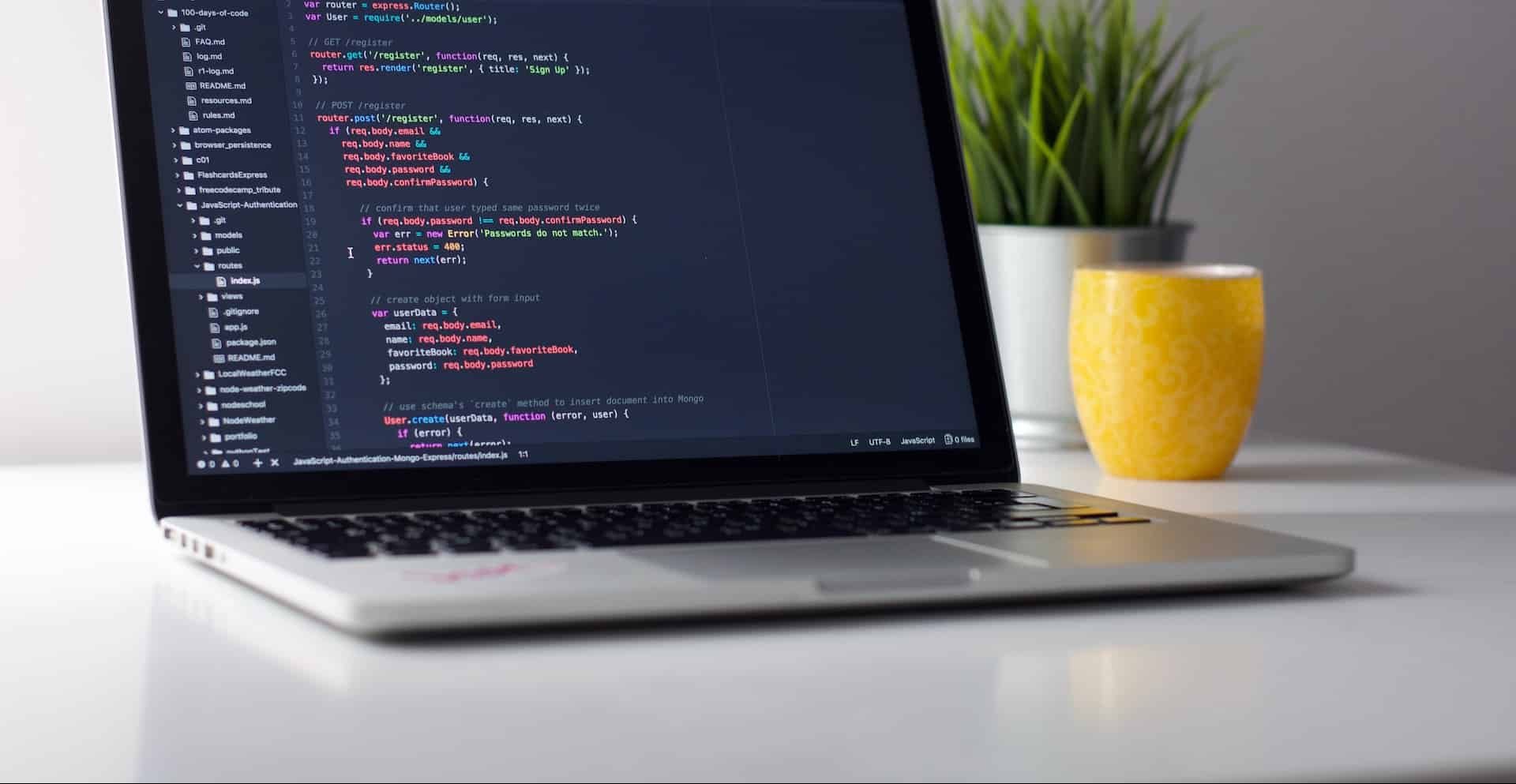 A silver laptop is open on a desk, a mug and small grassy plant behind to the right. On the screen is a coding script.