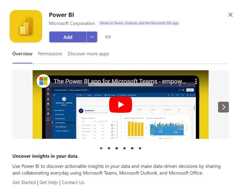 A screenshot of the Power BI download screen within Microsoft Teams