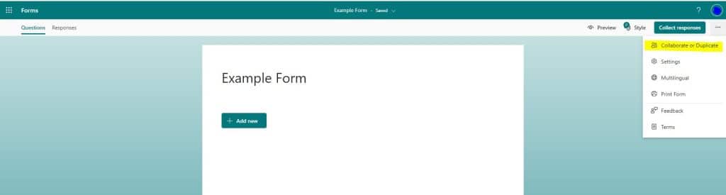 A screenshot of an Example Form in Microsoft Forms, with the settings bar dropped down