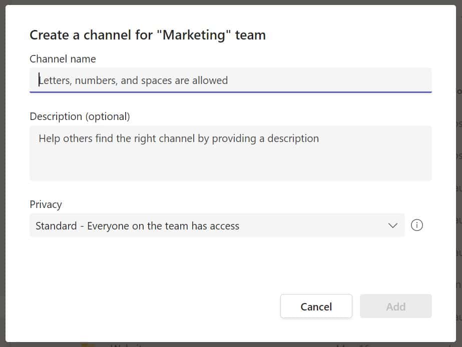A screenshot of the Channel creation window where you are asked to put details in