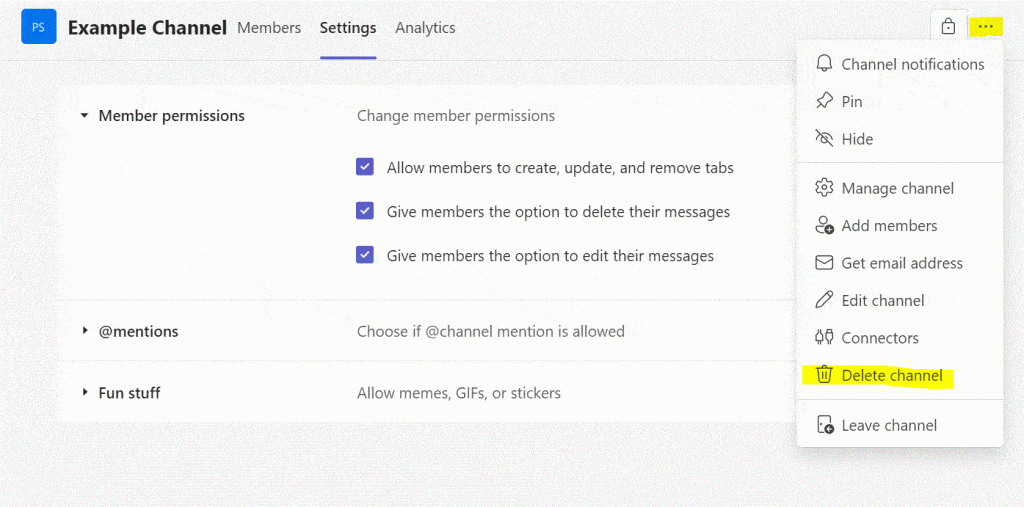 a screenshot of deleting a channel in microsoft teams channels