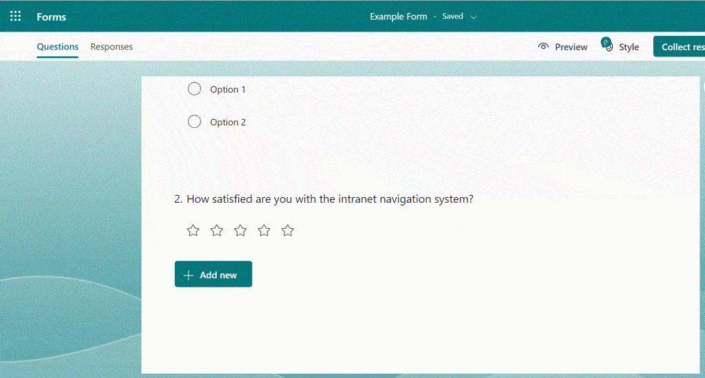 A screenshot from Microsoft Forms, showing a question asking 'how satisfied are you with the intranet navigation system' out of five stars