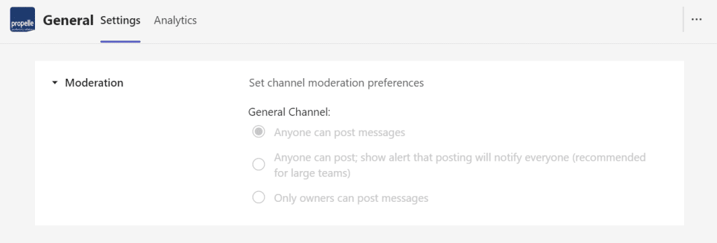 screenshot of channel settings in Propelle's MS Teams