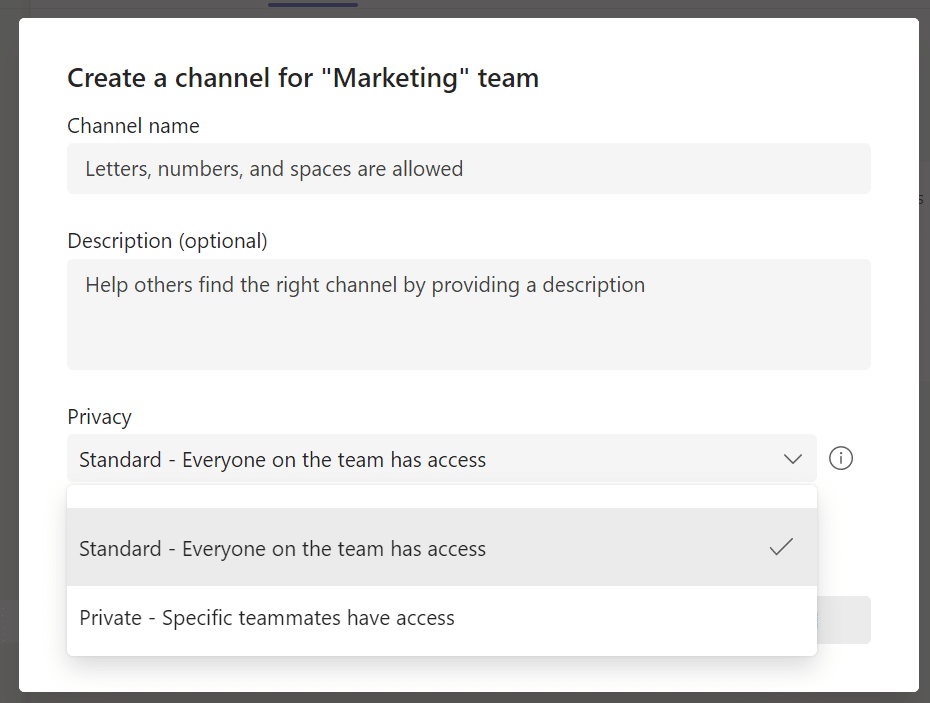 A screenshot of the window for setting up a new channel in Teams, with the dropdown box open to show the three types of channels to choose from.