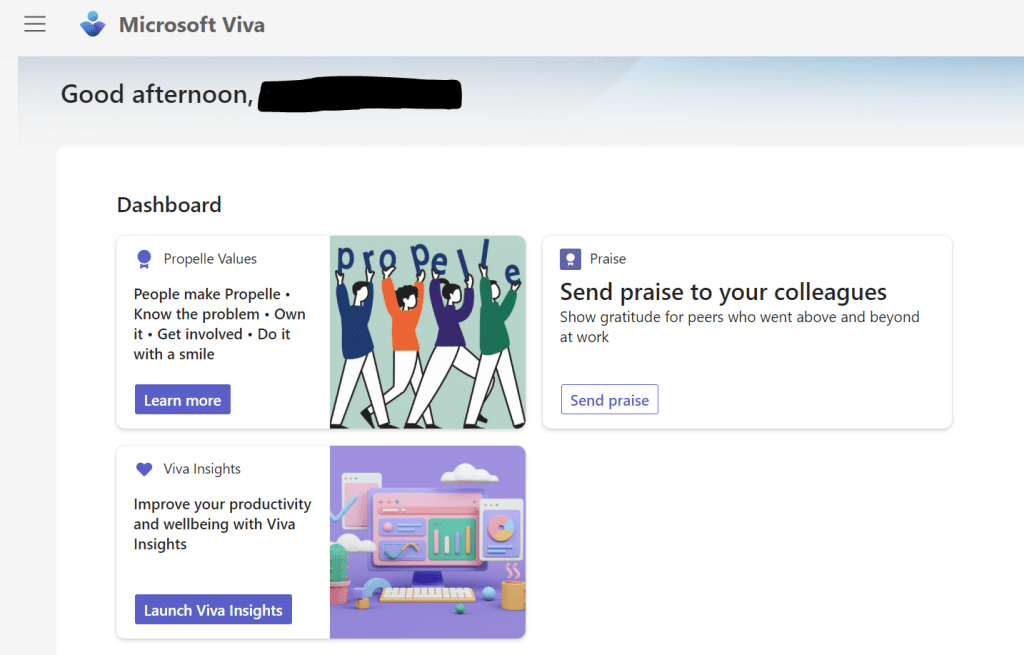 a screenshot of the dashboard in viva connections