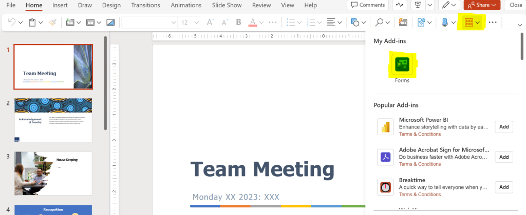 A screenshot from PowerPoint indicating where to insert Microsoft Forms in present mode